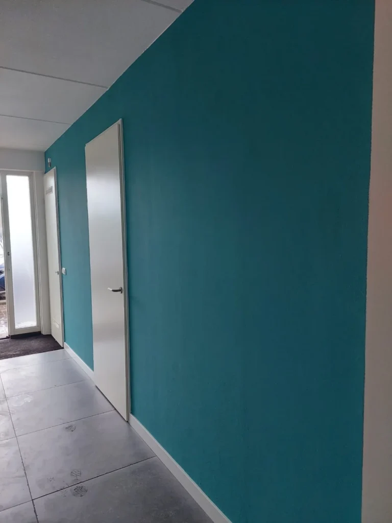 Turkooiskleurige wand en witte deur